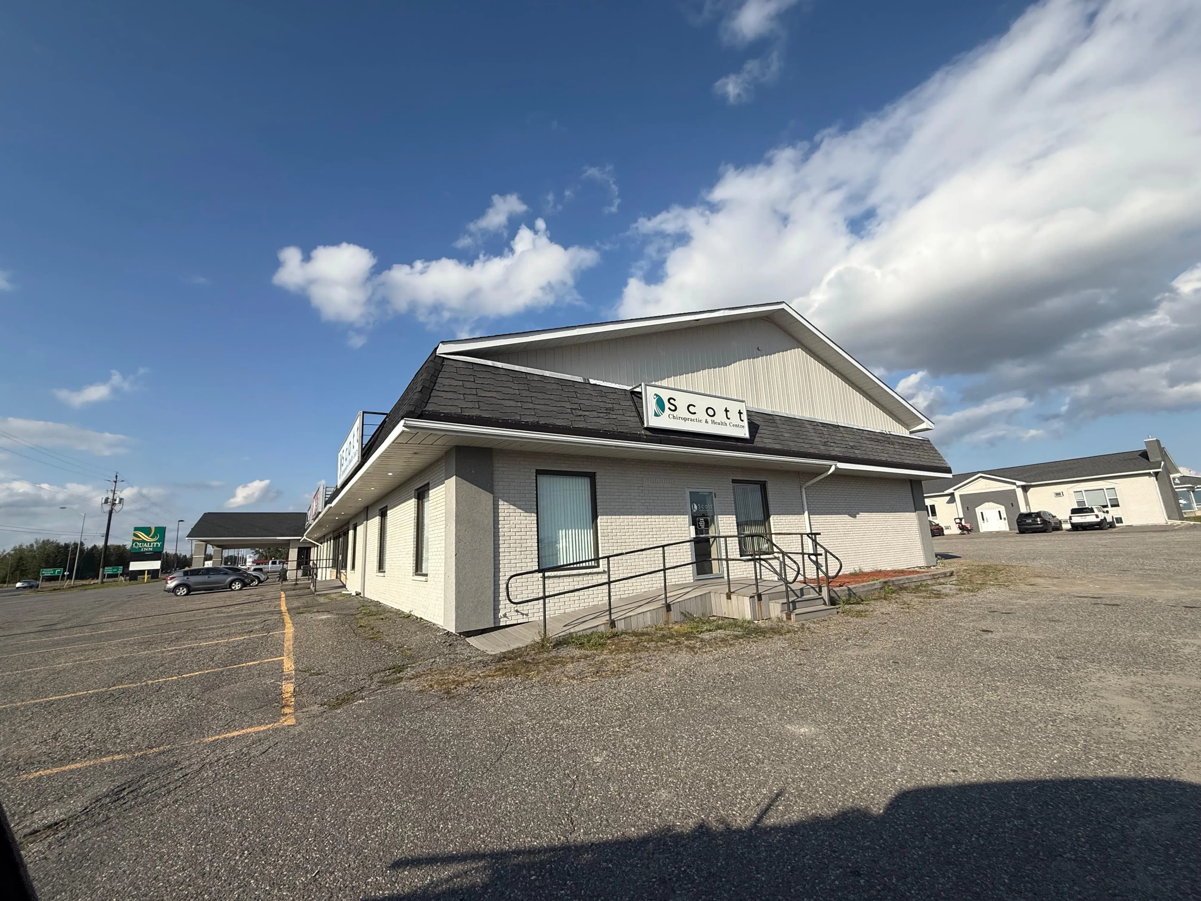 Quality Inn, New Liskeard — Corner unit at the highway end, painted out to match the rest of the property