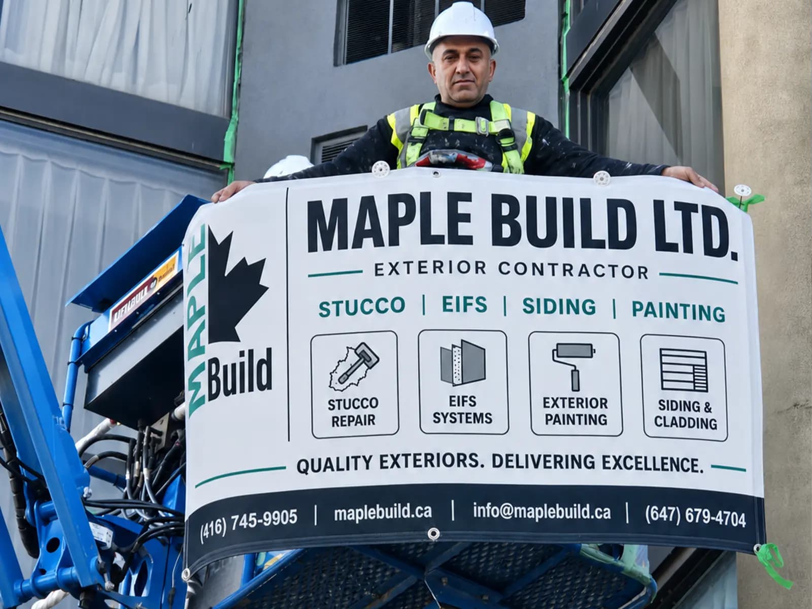 Maple Build crew installing composite panel cladding from a lift