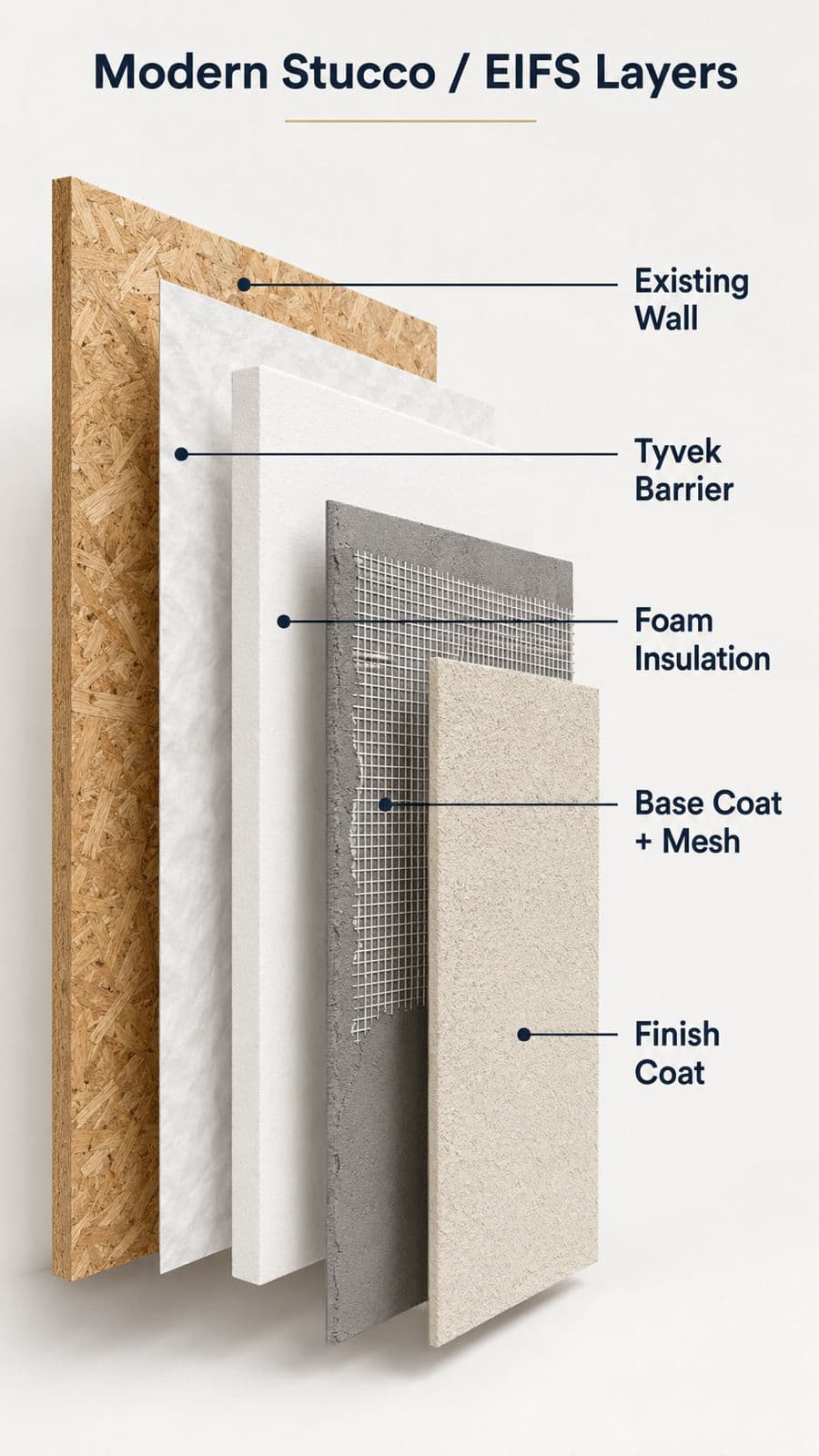 Cutaway of an EIFS wall assembly showing substrate, insulation board, base coat with mesh and finish coat