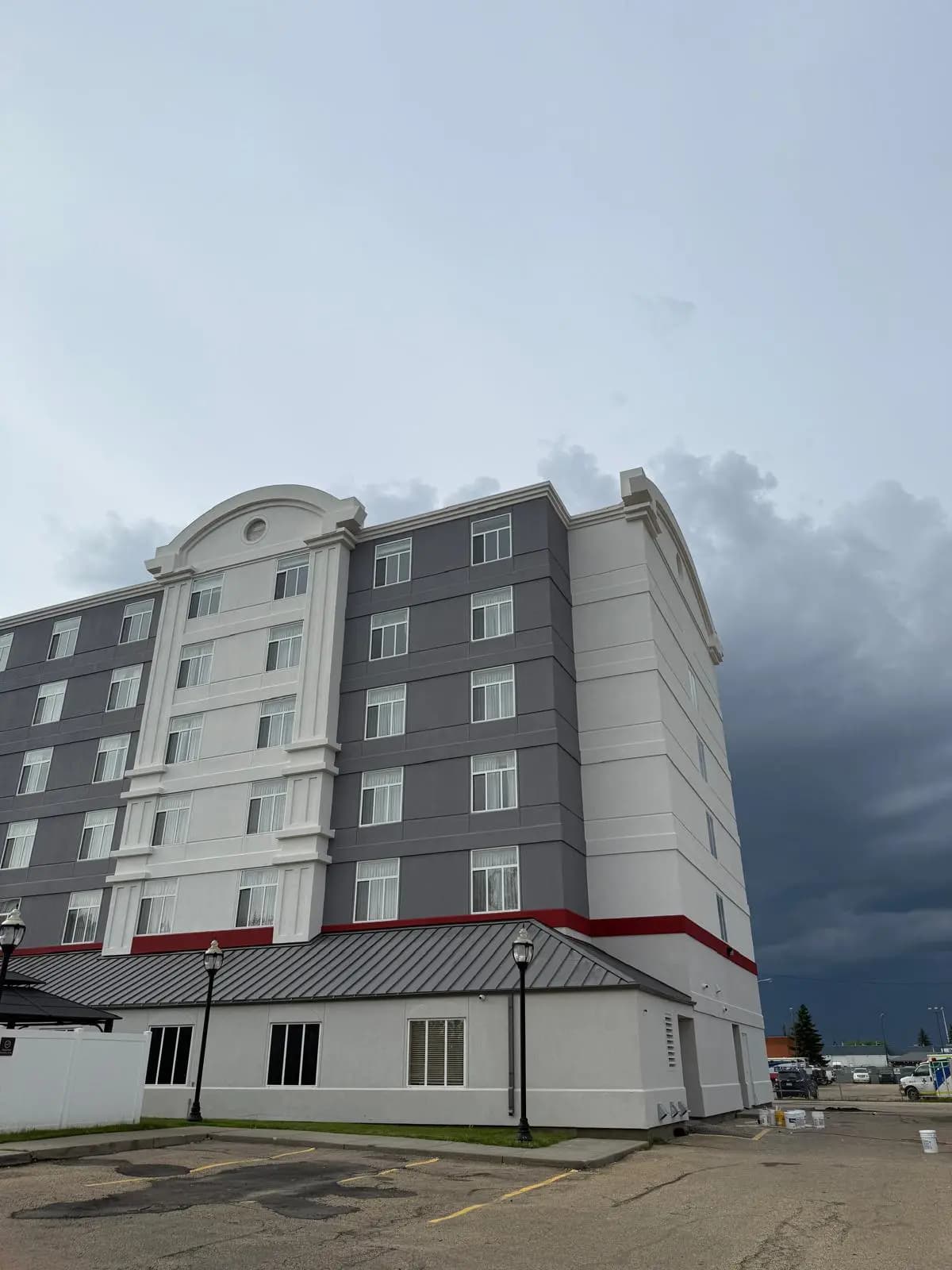 Hilton Garden Inn, Edmonton — Rear corner over the single-storey roof, paint pails still on the lot