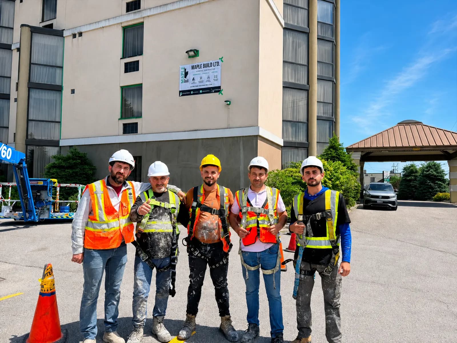 Maple Build crew standing in front of a hotel exterior under a company site banner